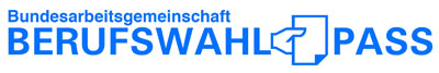 Schriftzug der Bundesarbeitsgemeinschaft Berufswahlpass mit Logo, zwischen den Worten Berufswahl und Pass h&auml;lt eine Hand ein Blatt Papier.